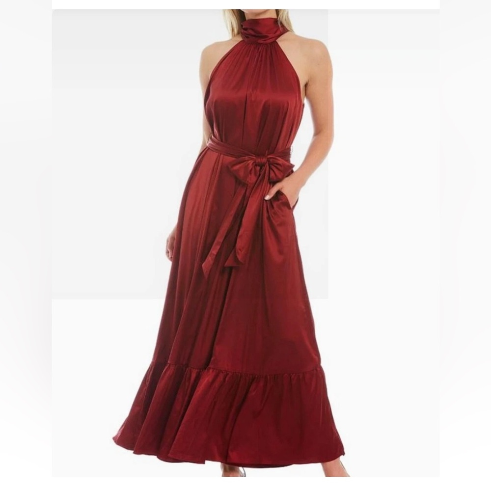 Badgley Mischka Red Halter Maxi Dress with Waist Tie